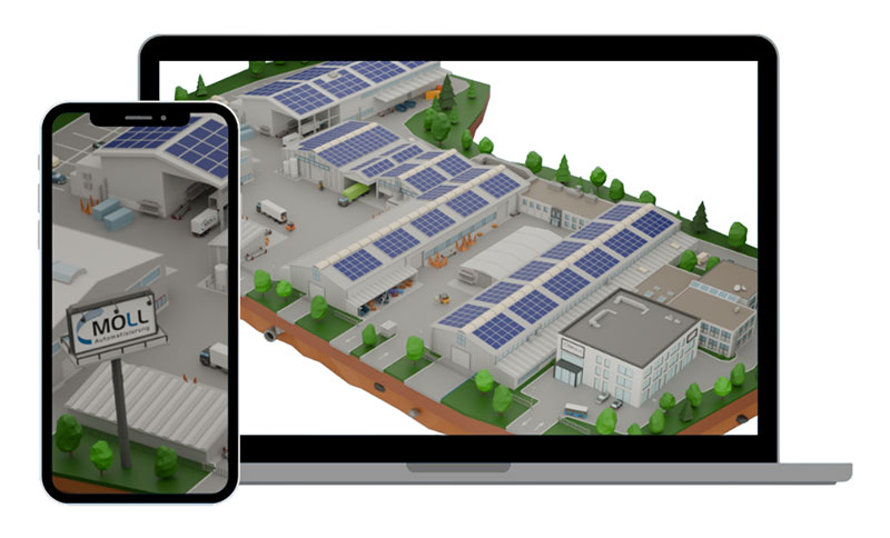 Moll Ingame dargestellt auf den Bildschirmen von Laptop und Smartphone